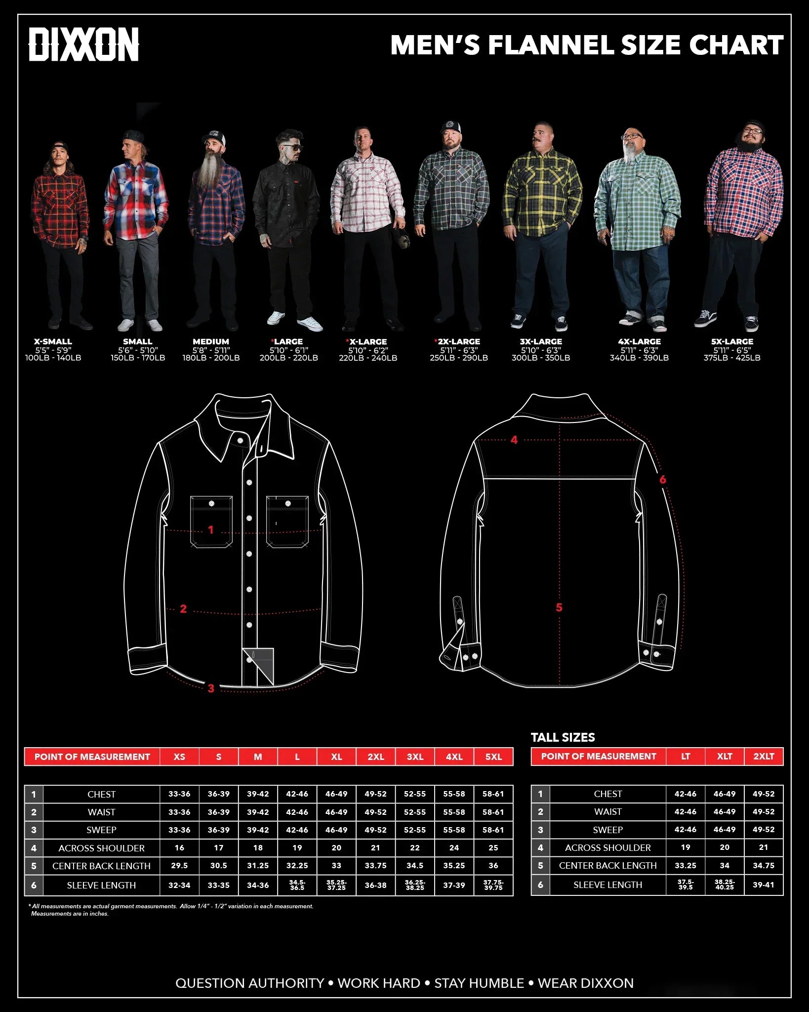 Watts Heritage Flannel Size Chart - Dixxon Flannel Co.