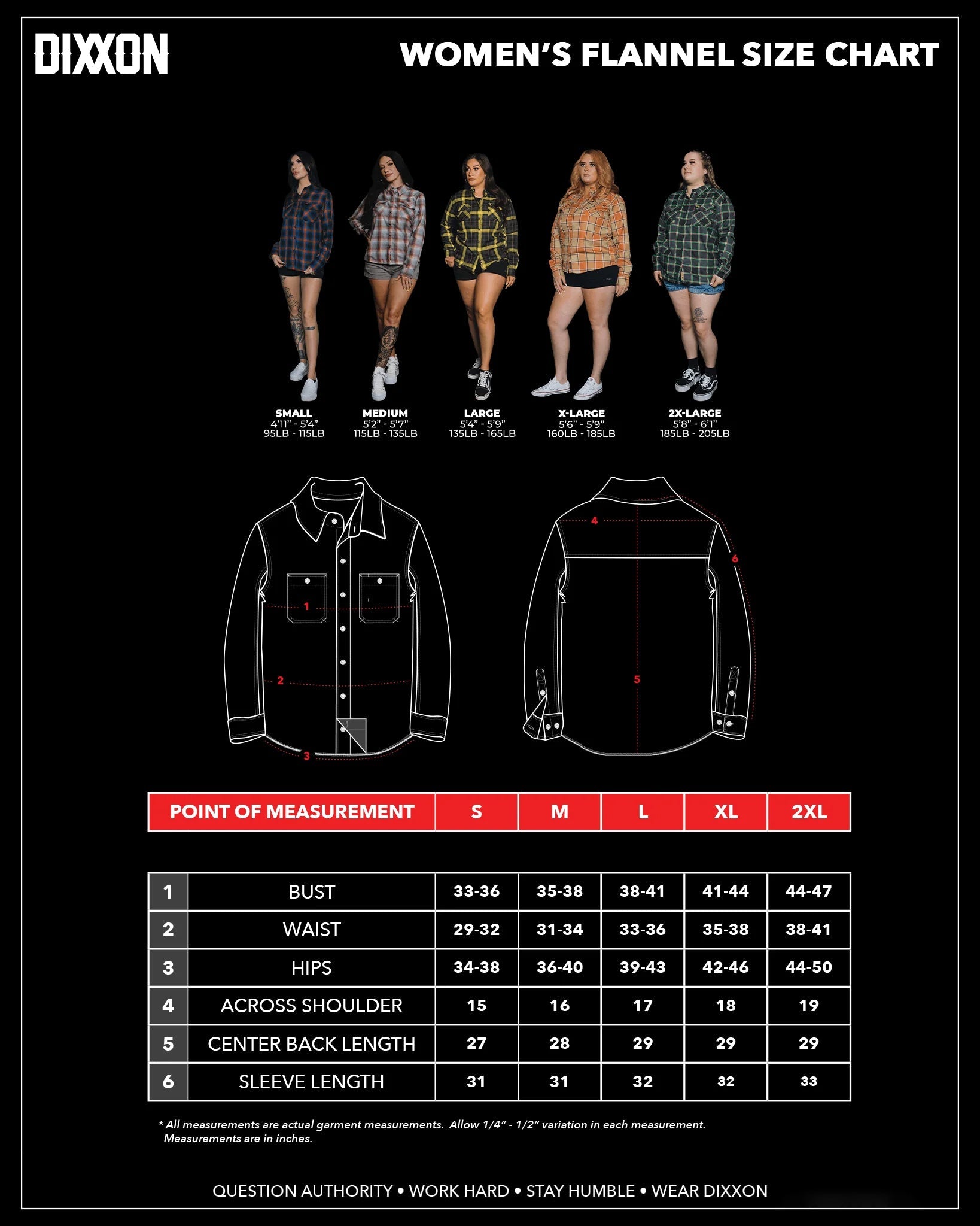 Size Chart - Women's Watts Heritage Flannel