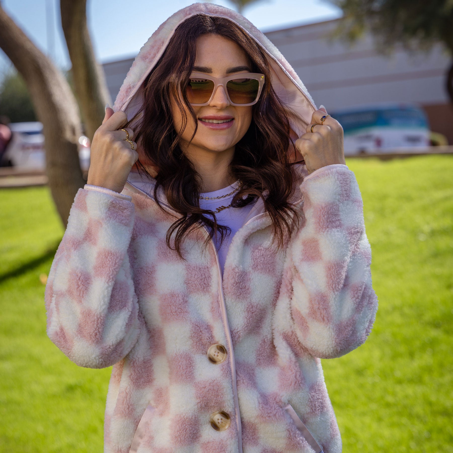 Youth Sherpa Cardigan Pink & Cream Checkered | Dixxon Flannel Co