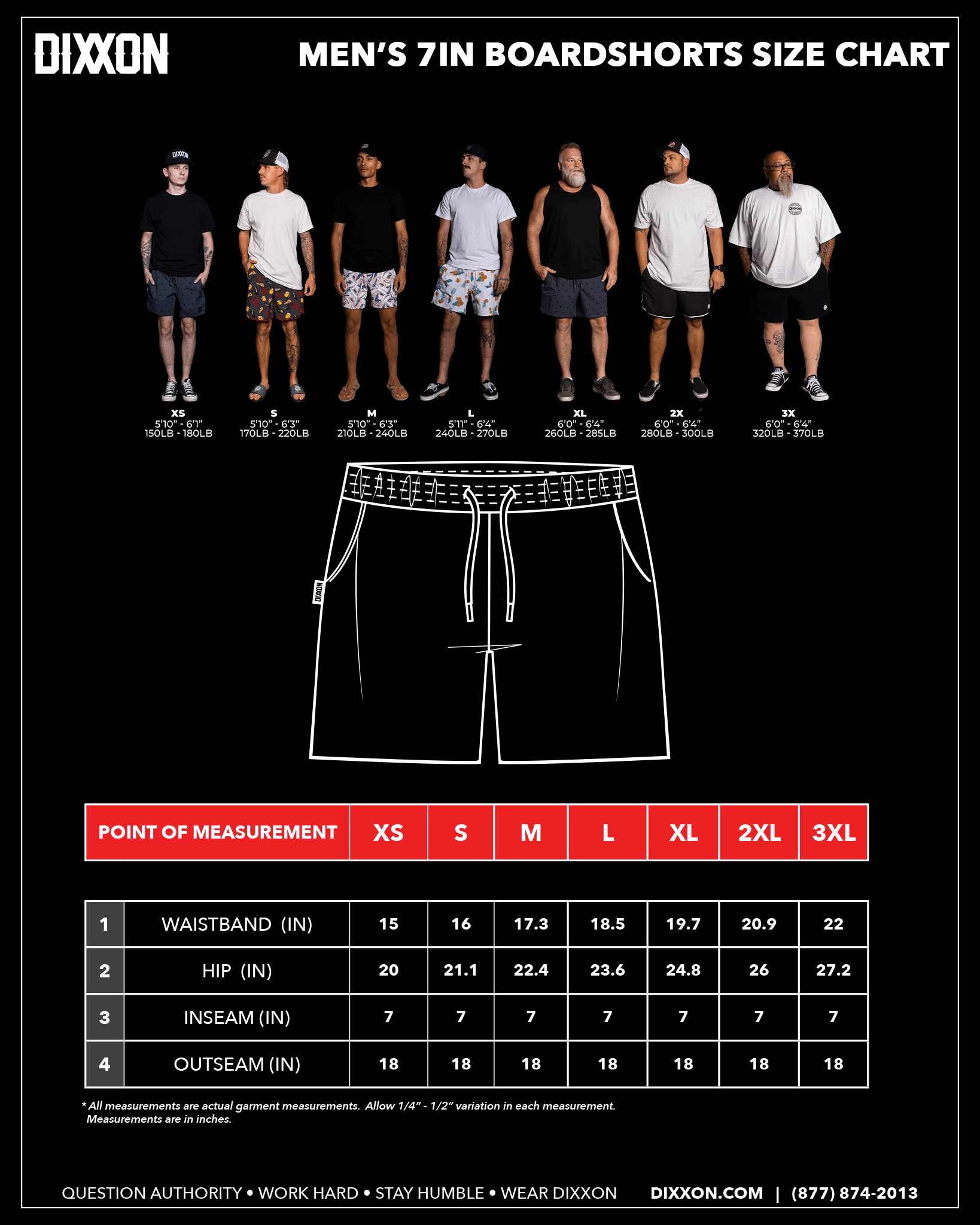 Dixxon Men's 7" Boardshort Size Guide