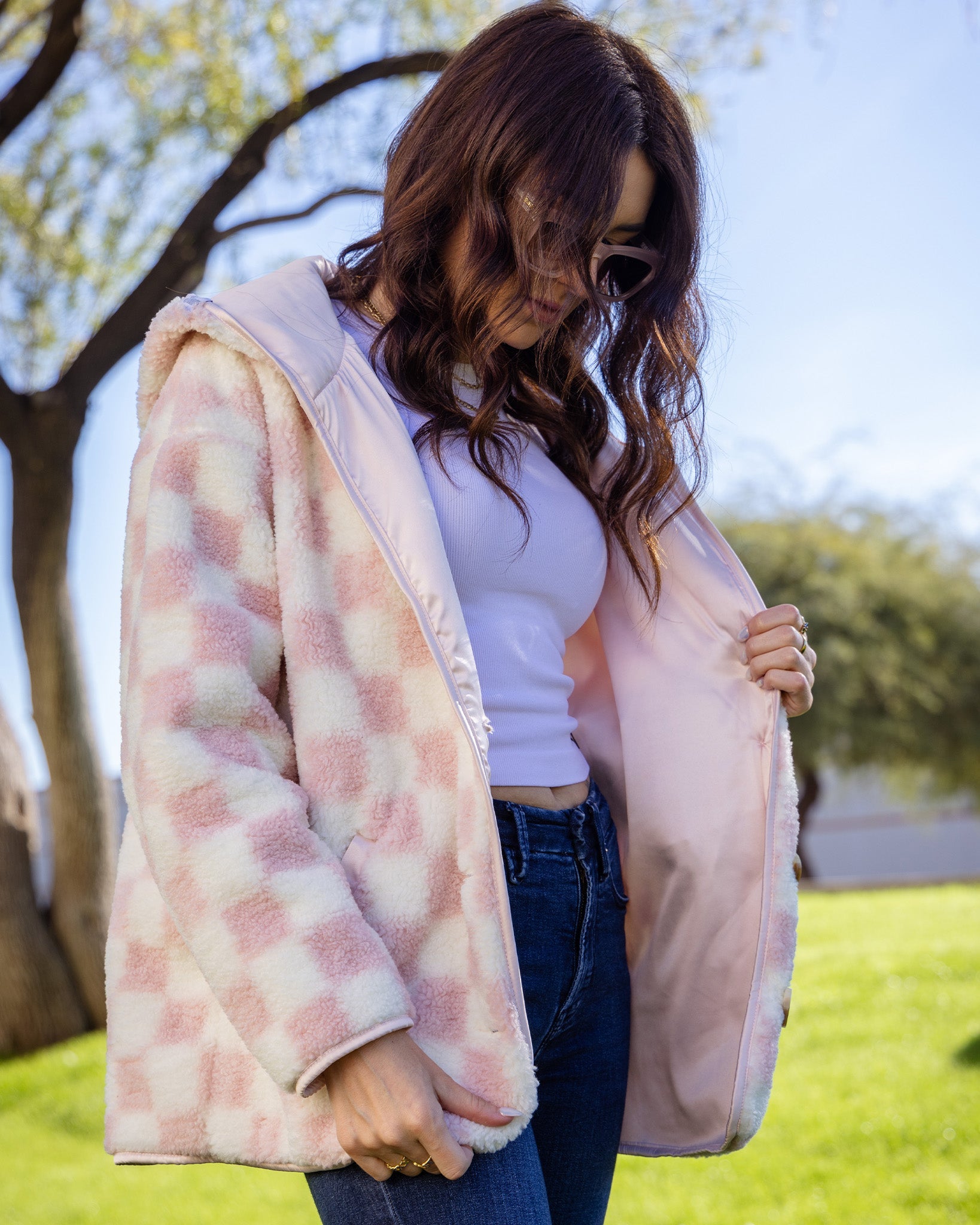 Youth Sherpa Cardigan Pink & Cream Checkered | Dixxon Flannel Co