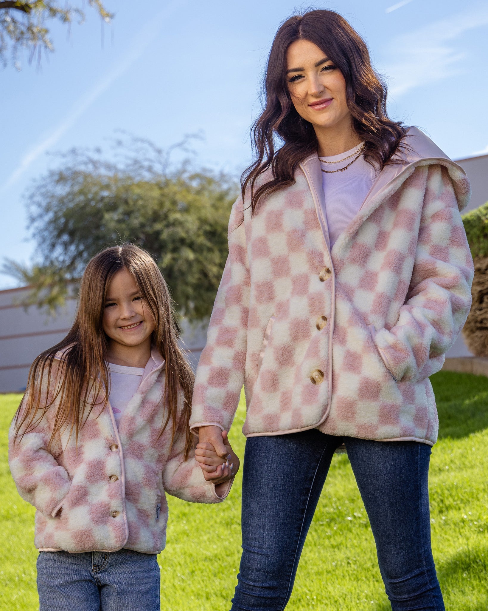 Youth Sherpa Cardigan Pink & Cream Checkered | Dixxon Flannel Co