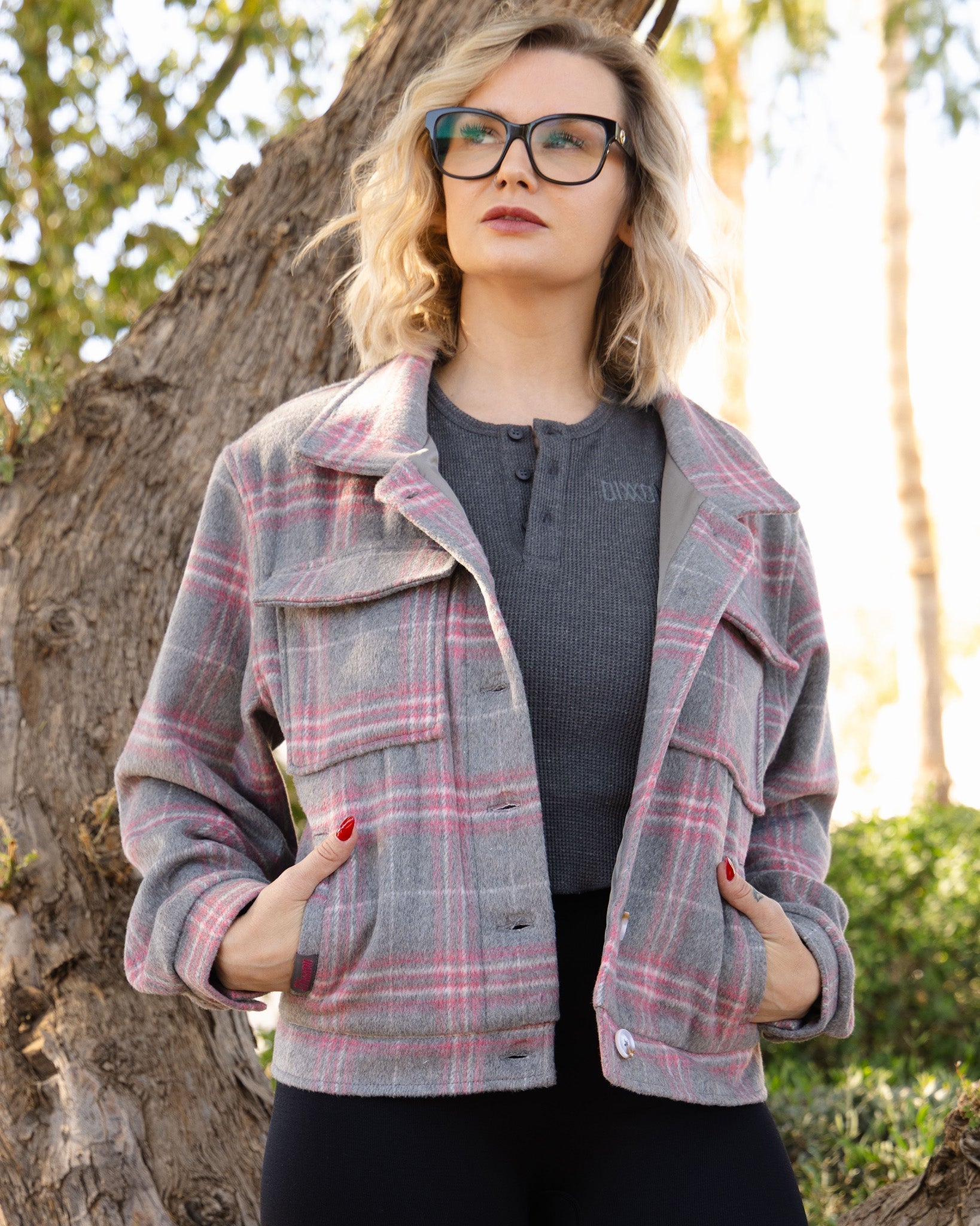 Women's Cropped Shacket - Grey & Pink - Dixxon Flannel Co.