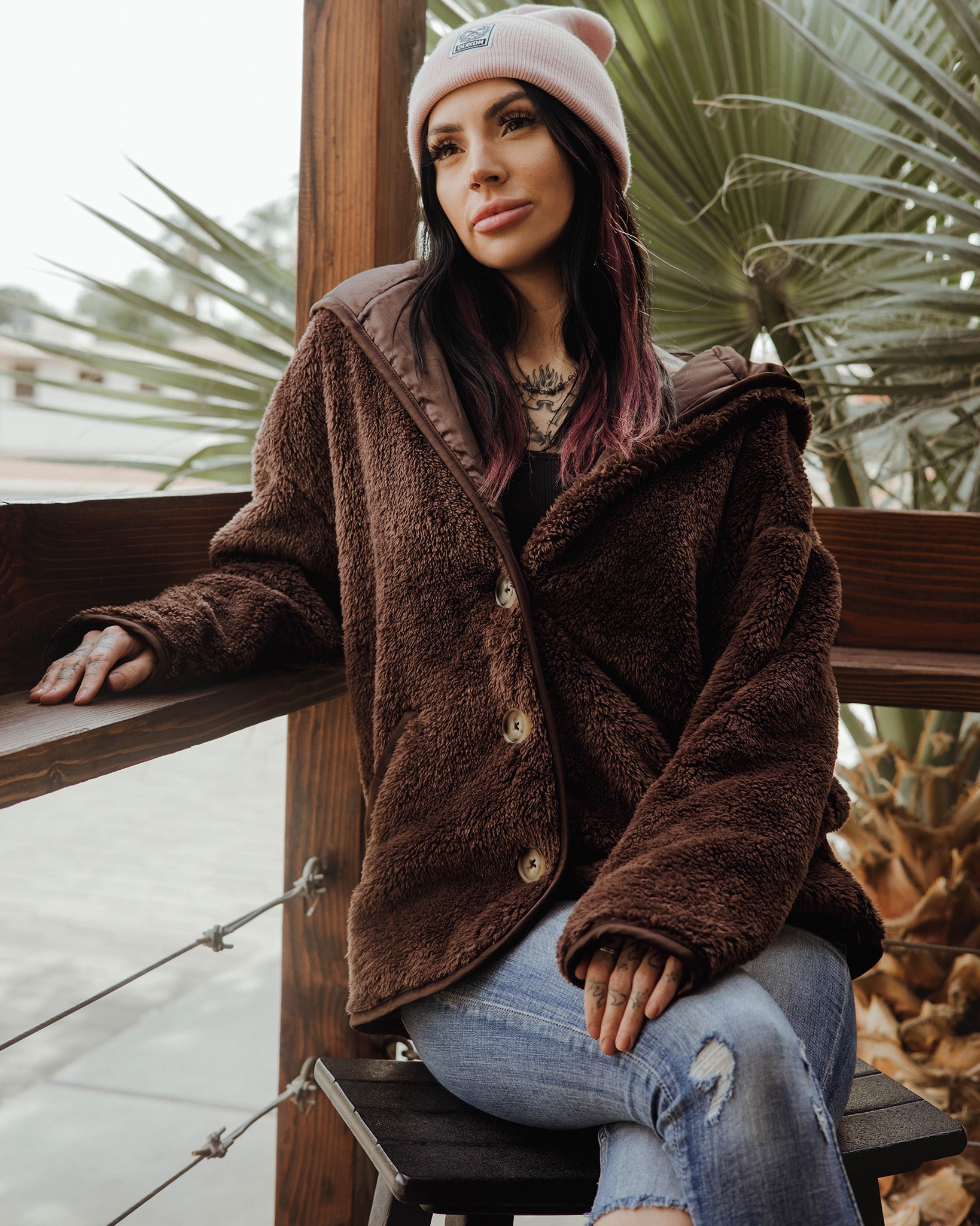 Women's Hooded Sherpa Cardigan - Mocha - Dixxon Flannel Co.