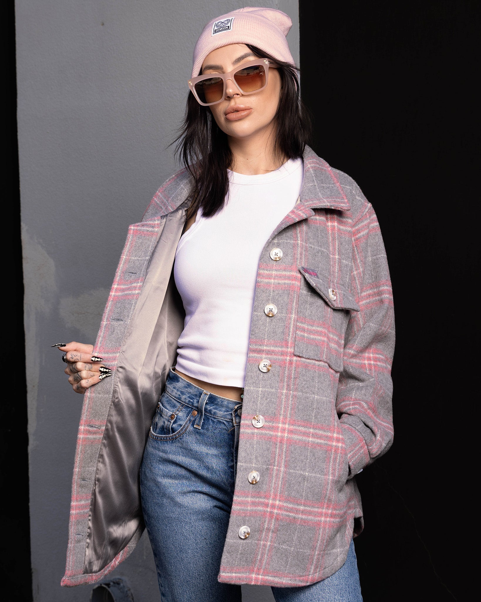 Women's Long Shacket - Grey & Pink - Dixxon Flannel Co.