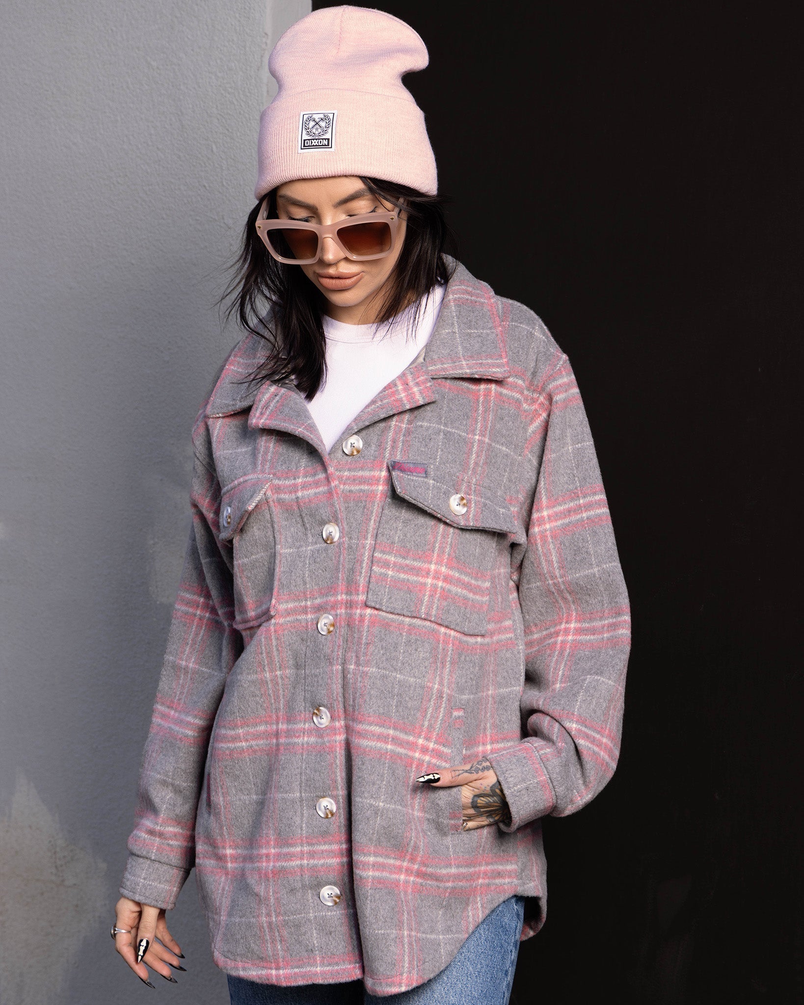 Women's Long Shacket - Grey & Pink - Dixxon Flannel Co.