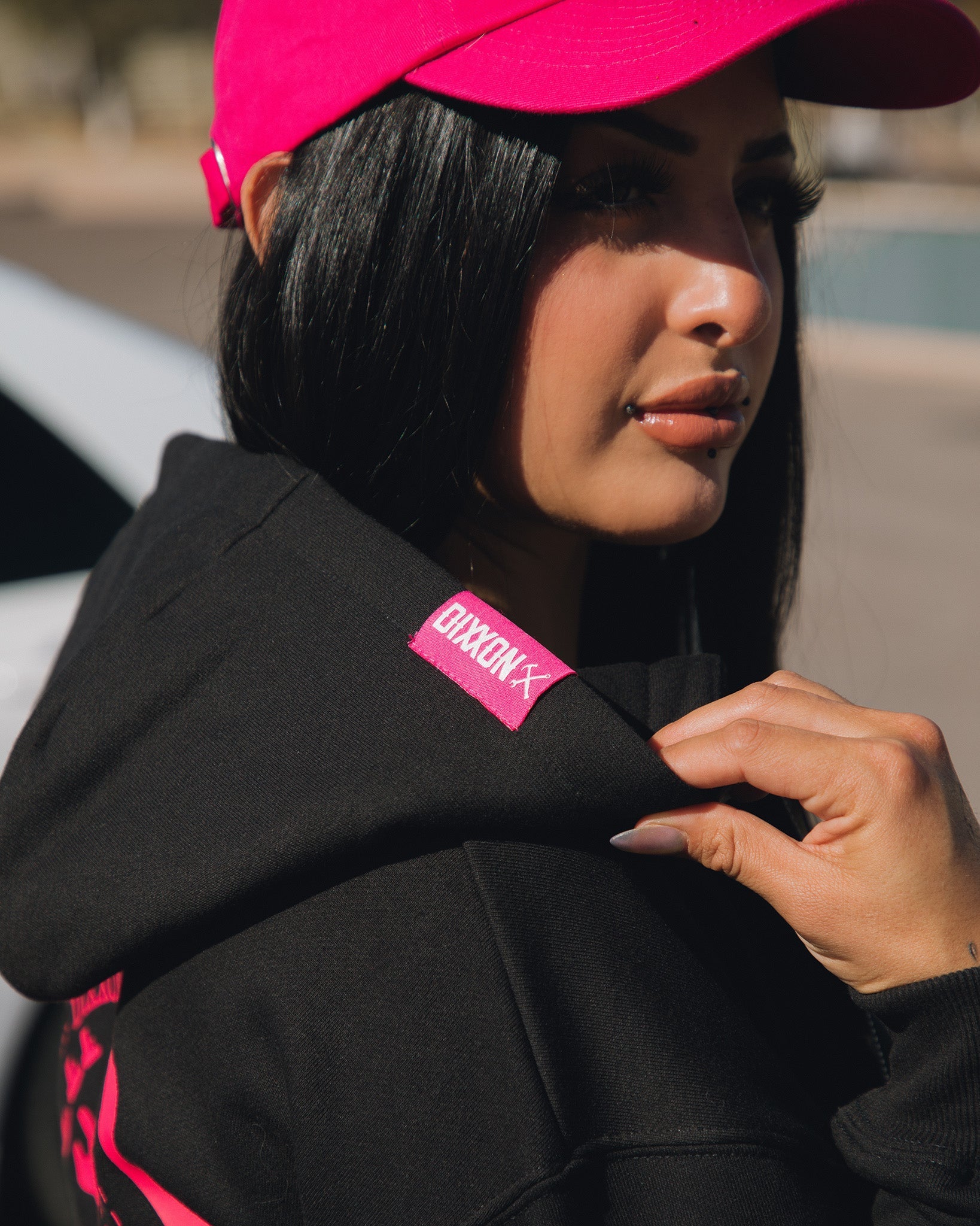 Pink black zip up hoodie best sale