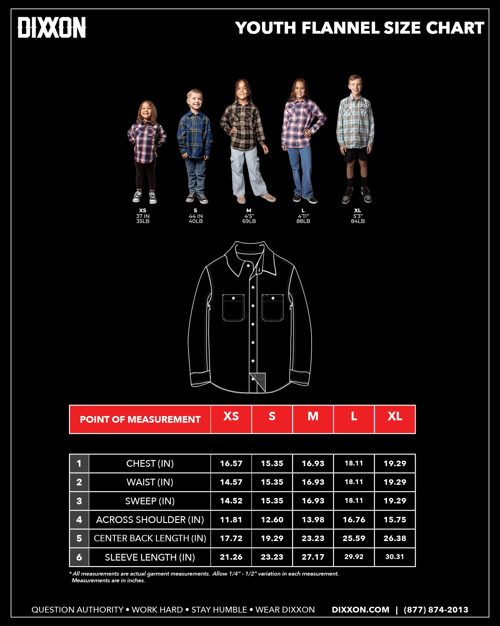 Dixxon Youth Shirt Size Guide